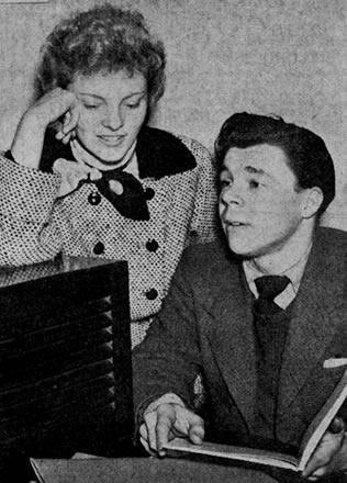 Listening to a playback of a script - Palace Theatre Dundee, Dec. 1954 with Susan McKenna