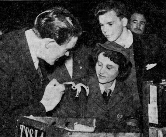 Workers Playtime Sept. 1955. Andy & Jimmy Logan speak with Ena Ferguson, National Cash Register Factory Dundee