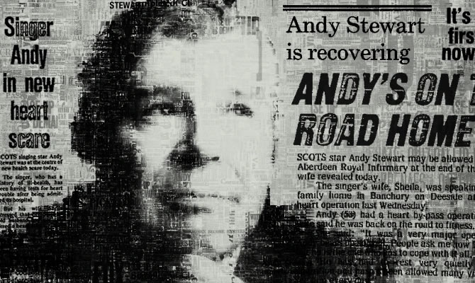 Andy Stewart surrounded by newspaper headlines